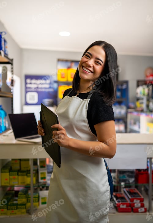 Preview: Young woman wearing apron standing in her small business, looking at camera