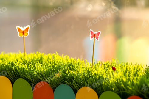 Preview: Close up of small green grass with special cute toys small butterflies. Concept of beautiful plants