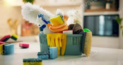 Preview: Sponge, product and home with basket, sanitary bottle and detergent for daily chores, gloves or saf