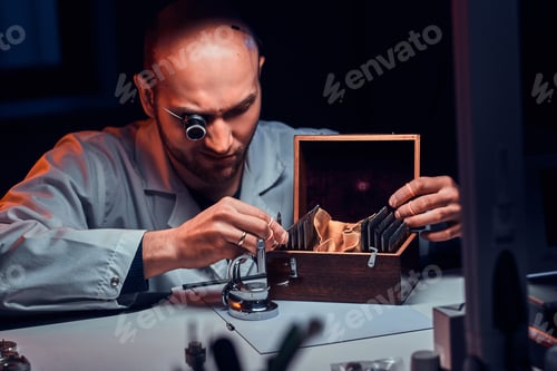 Preview: Focused man is working at his workshop with monocle and other tools repairing old watches