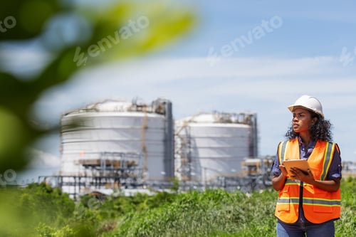 Preview: An environmental engineer uses a tablet while surveying an oil tank