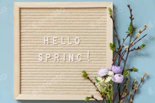 Preview: Letter Board with quote HELLO SPRING, with green branches and flowers on a blue background.