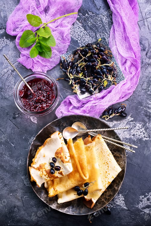 Fresh Crepes with Jam and Black Currants