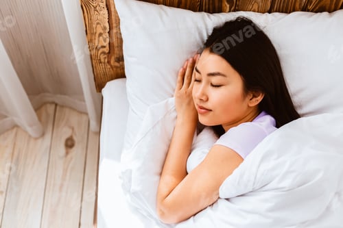 Preview: Japanese Woman Sleeping Lying In Comfortable Bed Resting In Bedroom