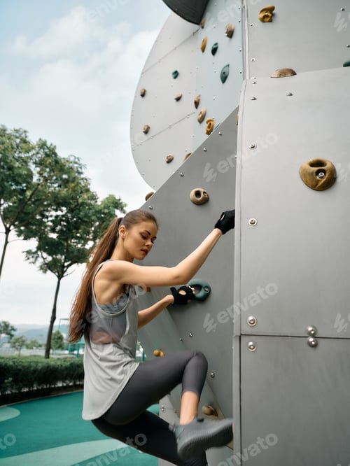 Preview: A young woman climbing a modern outdoor rock wall on a sunny day amidst green trees The focus is on
