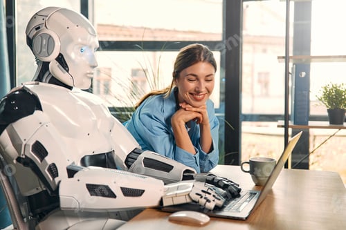 Preview: Robot and woman working on laptop in office