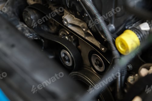 Preview: Close up of a new timing belt installed on an engine in a car workshop.