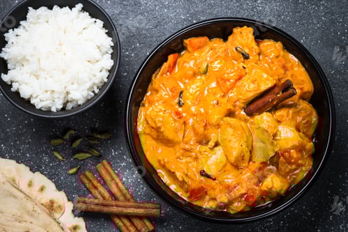 Preview: Chicken tikka masala with rice on black top view
