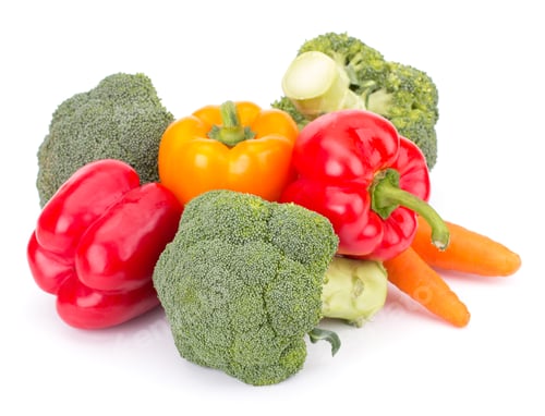 Preview: Fresh vegetables: brocolli, bell peppers, carrot, onion isolated on white background