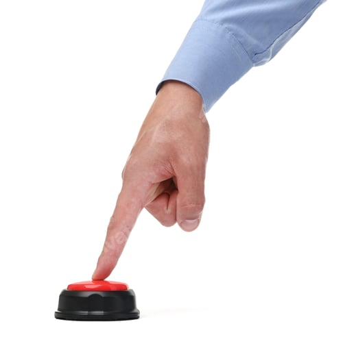 Preview: Man pressing button on white background, closeup
