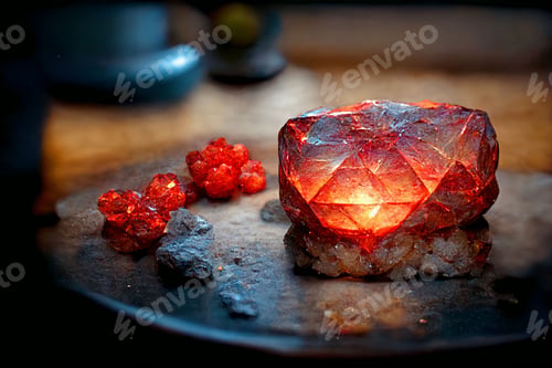 Preview: Beautiful glowing cinnabar stone and red gem stones on a dark surface