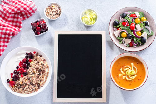 Preview: Set of ready dishes for diet and blackboard for text