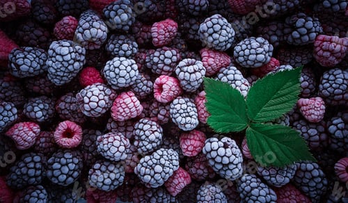 Preview: A close-up view features an array of frozen raspberries and blackberries,