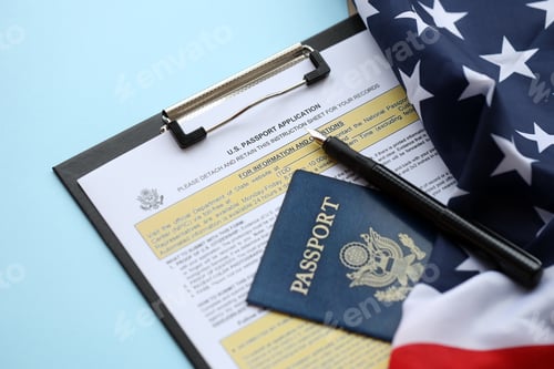 Preview: Department of State form DS11 Application for a U.S. Passport lies on table and ready to fill
