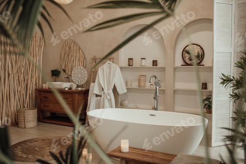 Preview: Luxury interior of big bathroom at modern african style with oval bathtub in natural lighting