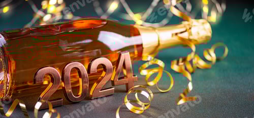 Visualização: Cartão de Natal de Ano Novo de 2024 com fundo de feliz ano novo com garrafa de champanhe, decorações festivas,