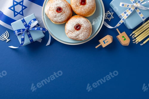 Preview: Partake in Hanukkah customs through a top-view picture of sufganiyot, Israeli flag, gift box