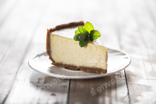 Preview: Slice of New York cheesecake with a sprig of mint