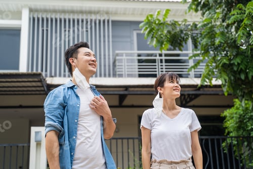 Aperçu: Asian attractive couple take deep breathing after removing protective face mask