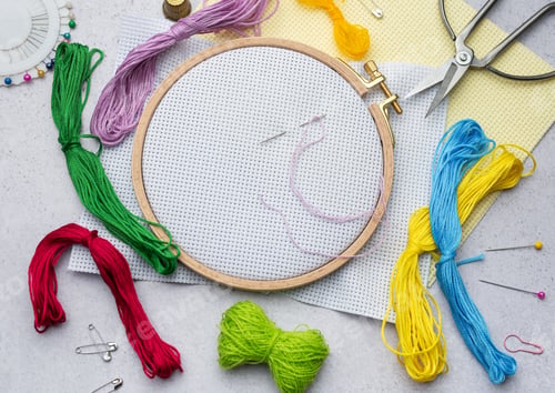 Preview: Embroidery hoop, fabric, thread and other accessories