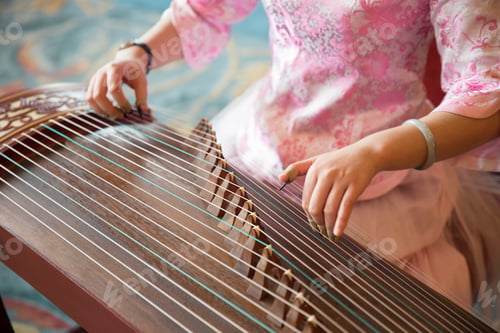 Preview: High angle close up of woman playing traditional Japanese Koto string instrument.