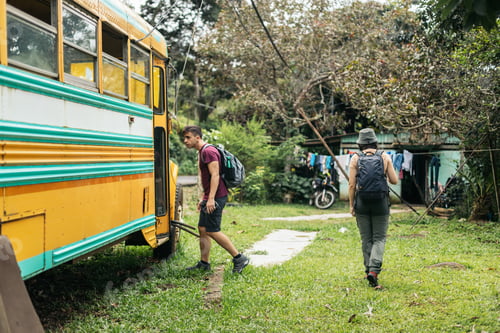 Preview: people entering an abandoned yellow school bus