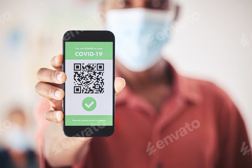 Preview: Covid, QR code and phone in person hand for vaccinated digital verification certificate or passport