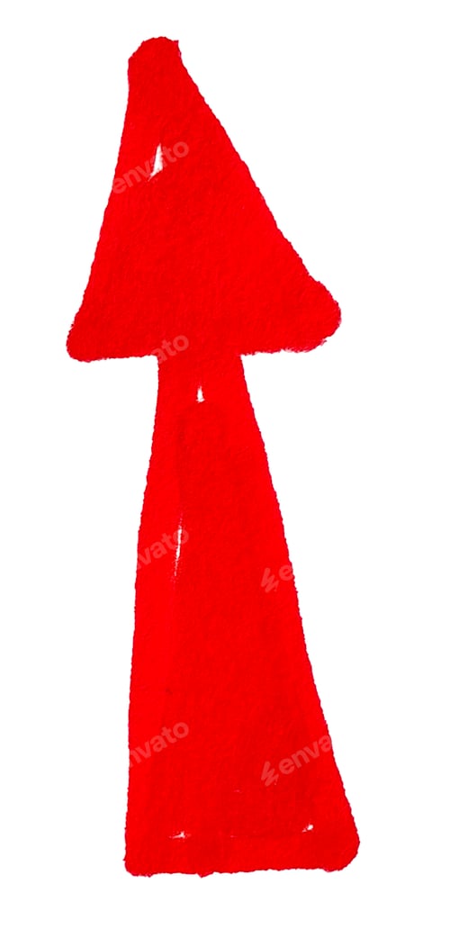 Preview: Hand-drawn red arrow pointing up, with a rough texture, isolated on a white background.
