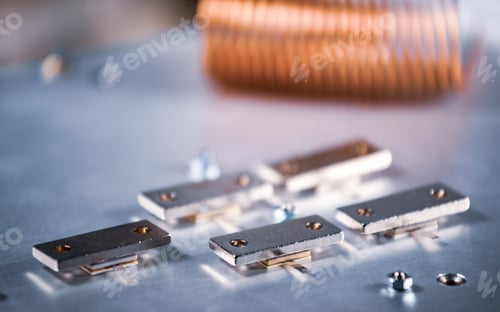 Preview: Close-up of five metal plates on a large iron case