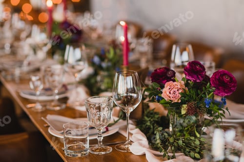 Preview: Coziness and style. Modern event design. Table setting at the wedding reception.