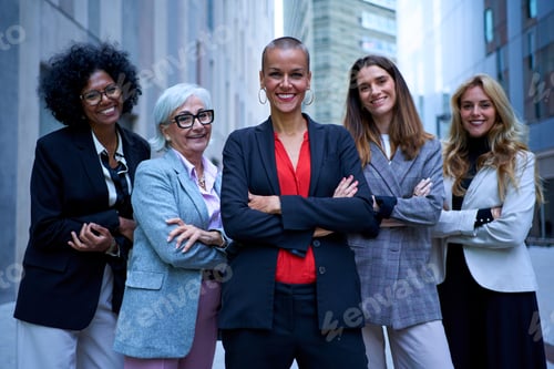 Preview: Portrait of multiracial and diverse ages business women in formal suits posing smiling