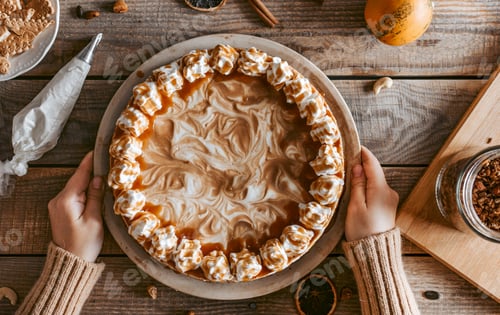Preview: Delicious Creamy Caramel Cake on a Wooden Table