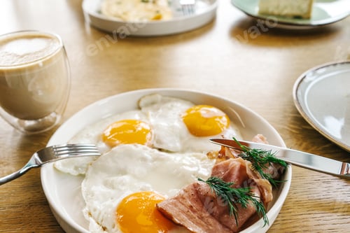 Preview: Bright breakfast, eggs, cup of coffee, close-up