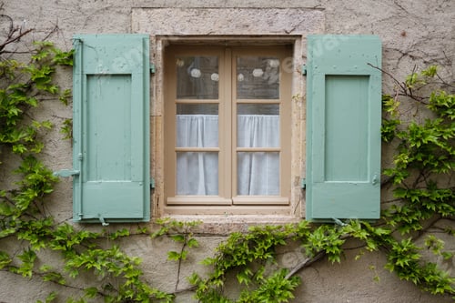 Preview: Charming rustic window with mint green shutters surrounded by vibrant greenery