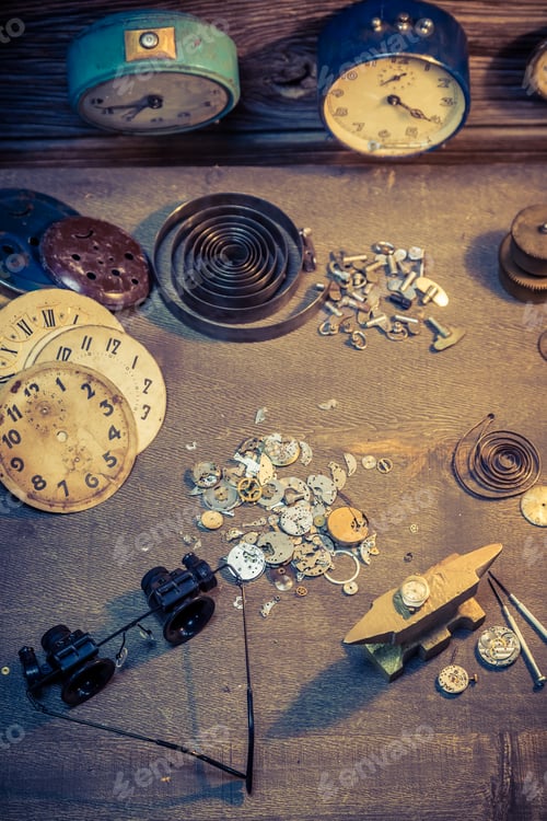Preview: Vintage watchmaker's workshop with many clocks