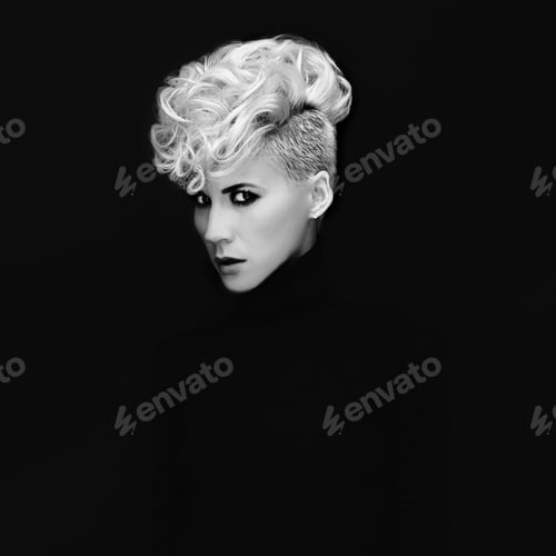 Preview: Sensual portrait lady with fashionable hairstyle on black backgr