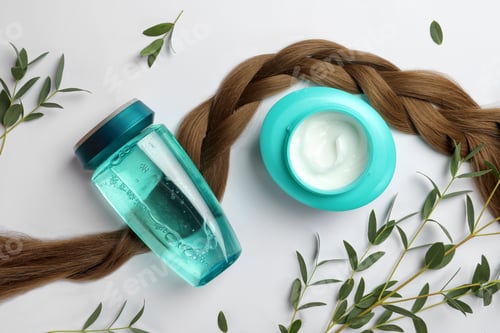 Visualização: Natural cosmetic products, green leaves and hair braid on white background, flat lay
