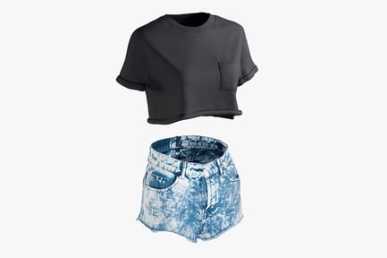 Preview: Womenswear: Black Crop Top with Denim Acid-Wash Jean Shorts
