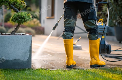 Preview: Person in Yellow Rubber Boots Pressure Washing a Patio in a Residential Outdoor Area During Daylight