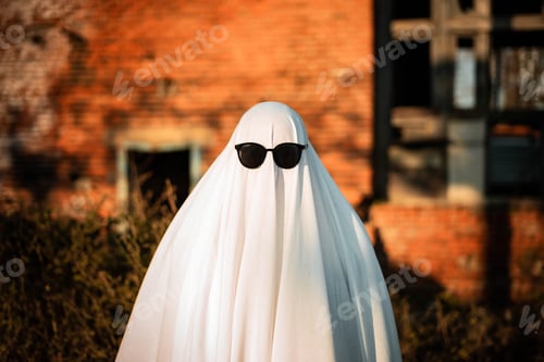 Aperçu: Celebrating halloween. Ghost Challenge 2021. Spooky trend season. A man in a ghost costume made from