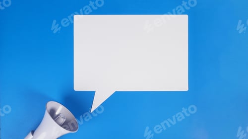 Preview: Speech bubble and megaphone on blue background.