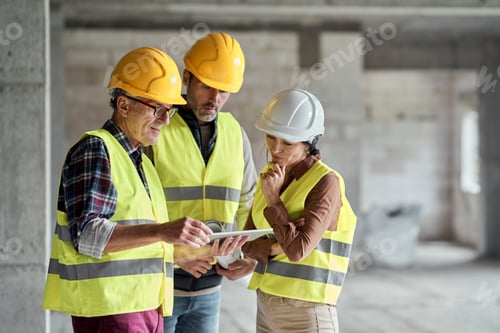 Preview: Three caucasian engineers discussing over digital tablet on the construction site