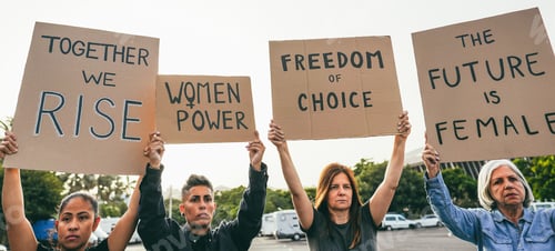 Preview: Multiracial women doing demonstration for female rights on city street