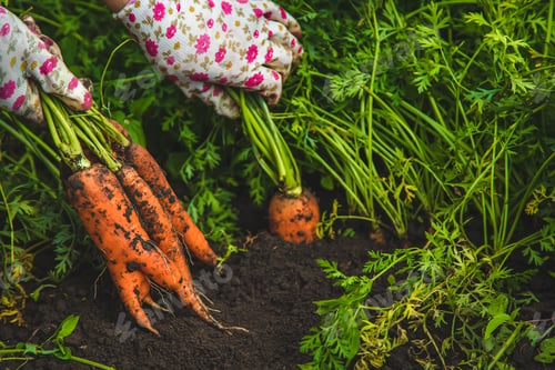 Preview: Farmer woman harvests carrots in the garden. Selective focus.
