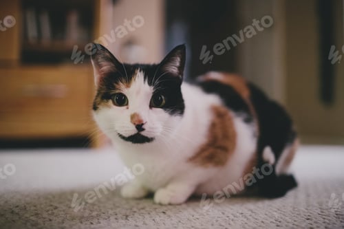 Preview: Calico Cat Stares Intently From Carpeted Room
