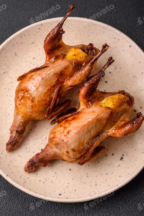 Preview: Roasted quail, partridge or pigeon stuffed with orange with spices and herbs