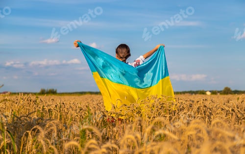 Preview: Child in a field of wheat with the flag of Ukraine. Selective focus.