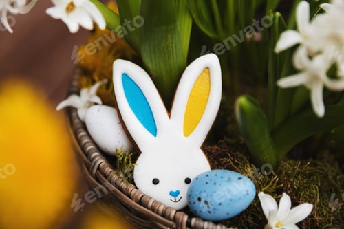 Preview: Easter bunny gingerbread cookie with ears yellow blue colored as Ukraine flag