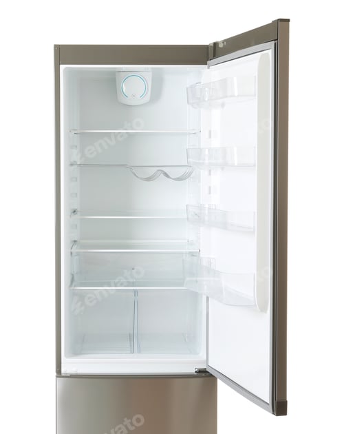 Preview: Modern refrigerator with open door on white background