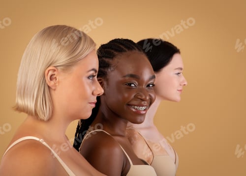 Preview: Profile Portrait Of Three Beautiful Body Positive Multiracial Women With Different Appearances